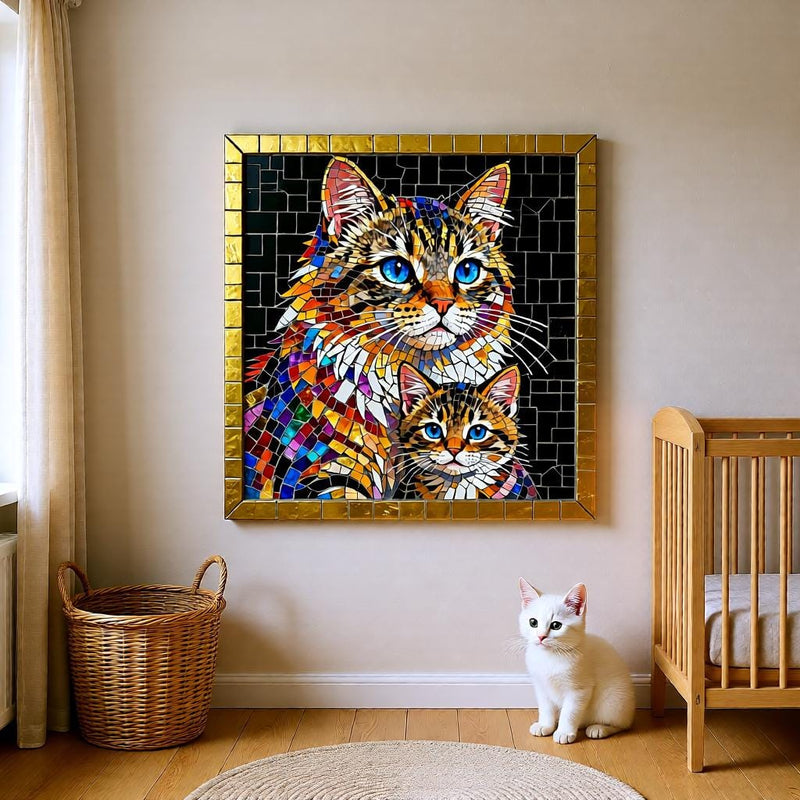 Load image into Gallery viewer, Mosaic Cat Art Mother Kitten Stained Glass Square Printable Digital Download 1:1 Format
