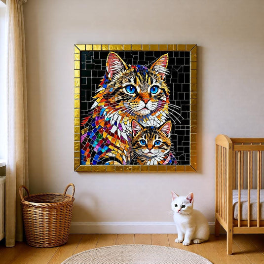 Mosaic Cat Art Mother Kitten Stained Glass Square Printable Digital Download 1:1 Format