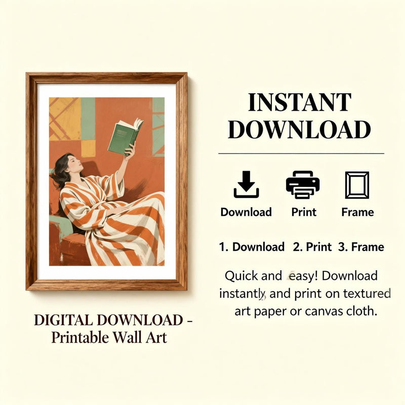 Load image into Gallery viewer, Library Wall Art Reading Woman Poster Emerald Bookish Decor Cozy Literary Printable Digital Download
