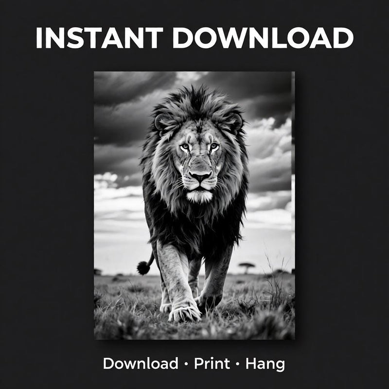 Load image into Gallery viewer, Black White Lion Wall Art Printable Safari Animal Decor Motivational Office Poster Digital Download
