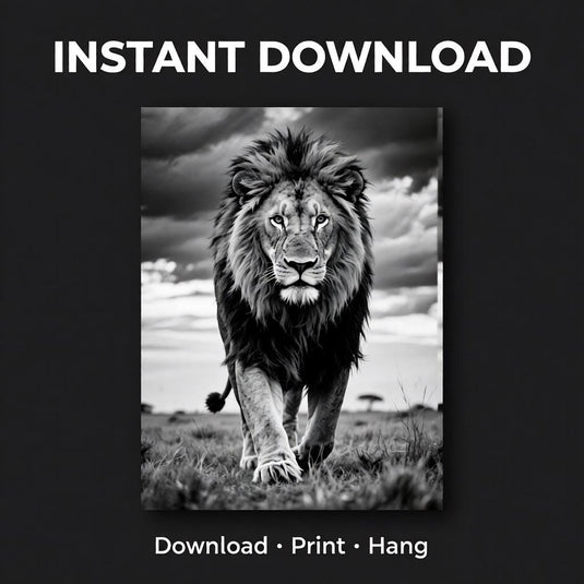 Black White Lion Wall Art Printable Safari Animal Decor Motivational Office Poster Digital Download