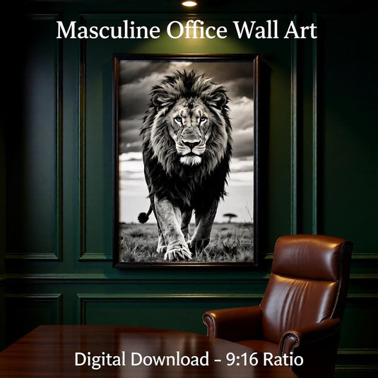 Black and White Lion Wall Art Printable, Masculine Office Decor, Motivational Leadership Poster