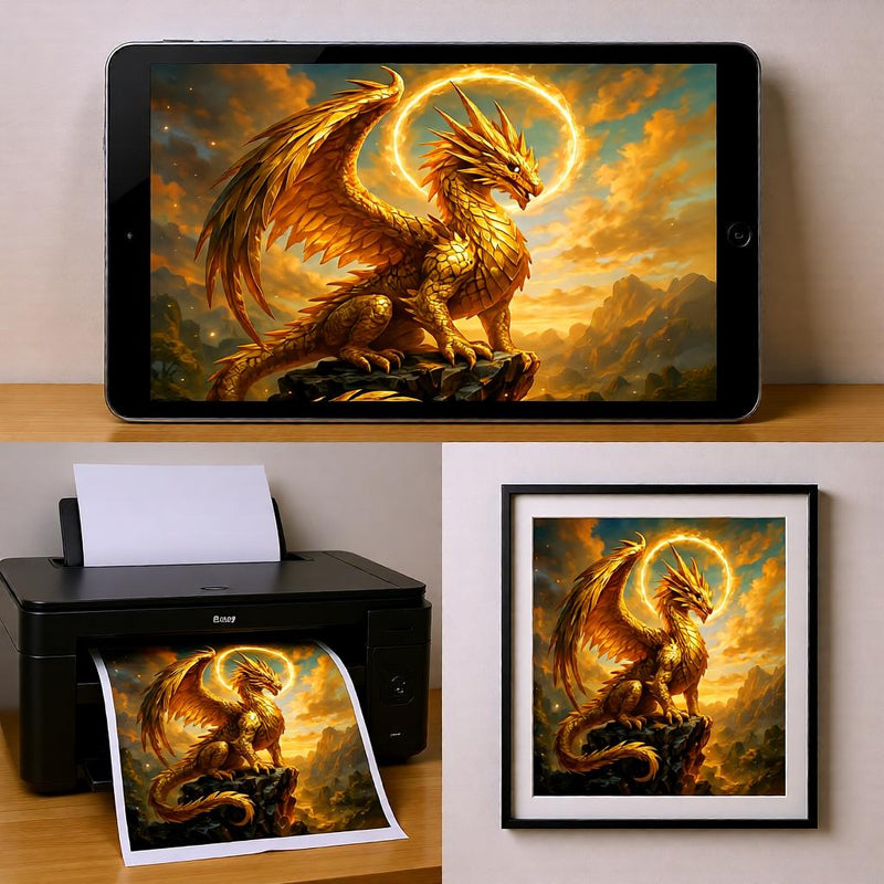 Load image into Gallery viewer, Golden Dragon Wall Art Printable, Fantasy Creature Poster, Gamer Room Decor Digital Download
