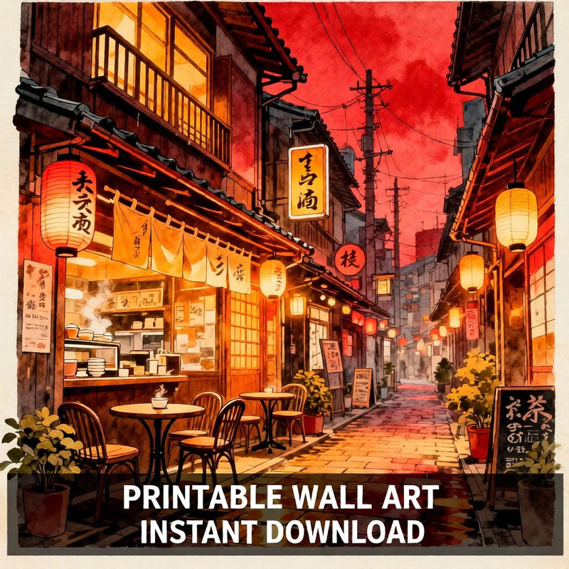 Load image into Gallery viewer, Tokyo Wall Art Tea House Street Lanterns Anime City Poster Japandi Printable Digital Download
