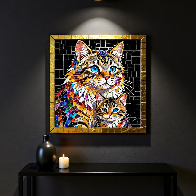 Load image into Gallery viewer, Stained Glass Cat Mother Kitten Art, Mosaic Blue Eyes, Colorful Pet Decor (Digital Download)

