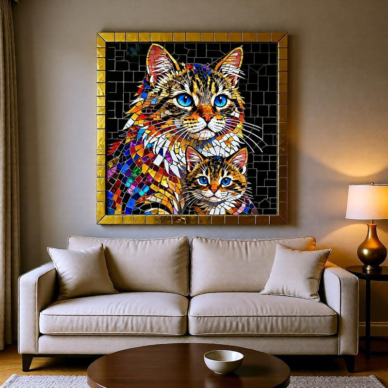 Load image into Gallery viewer, Stained Glass Cat Mother Kitten Art, Mosaic Blue Eyes, Colorful Pet Decor (Digital Download)
