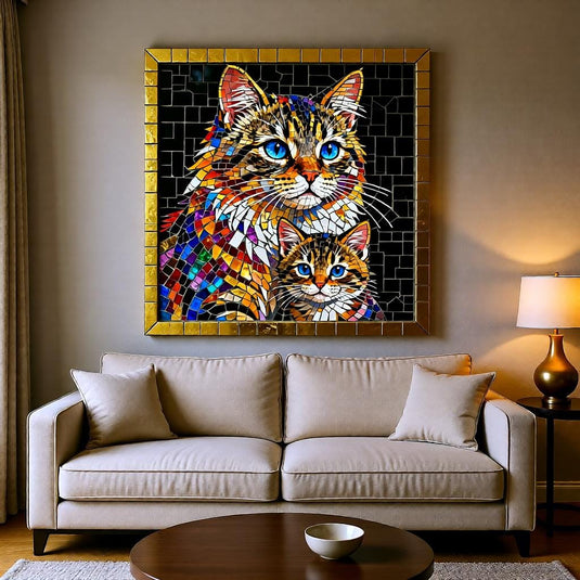 Stained Glass Cat Mother Kitten Art, Mosaic Blue Eyes, Colorful Pet Decor (Digital Download)