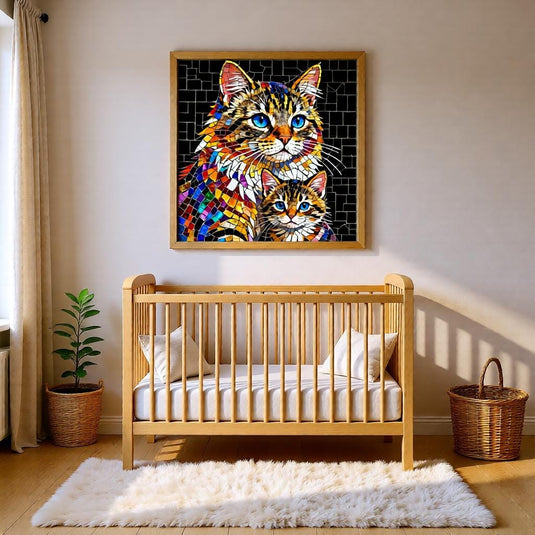 Stained Glass Cat Mother Kitten Art, Mosaic Blue Eyes, Colorful Pet Decor (Digital Download)