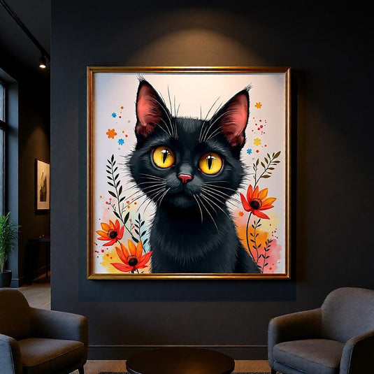 Black Cat Wall Art Printable, Lover Gift Poster, Floral Animal Decor Digital Download