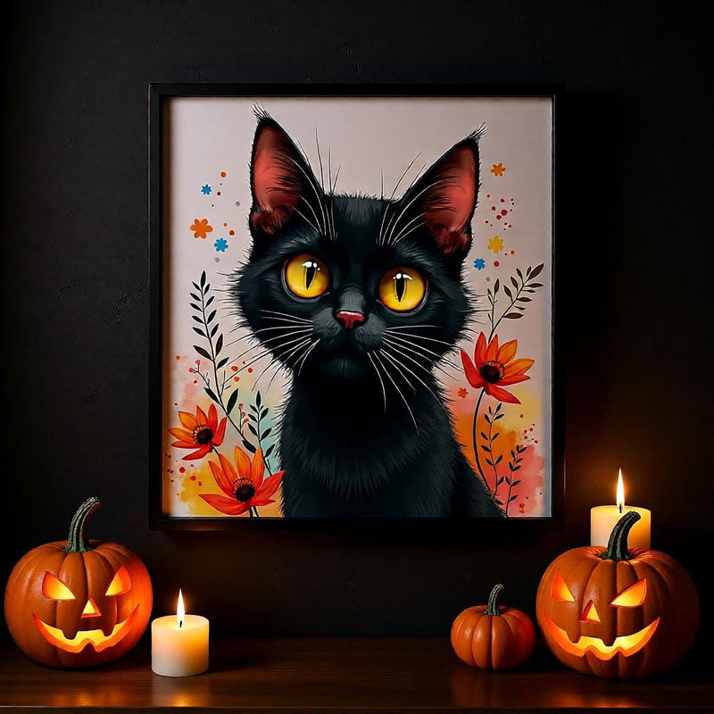 Load image into Gallery viewer, Black Cat Wall Art Printable, Lover Gift Poster, Floral Animal Decor Digital Download
