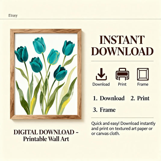Teal Tulip Art Botanical Floral Print Blue Green Flowers Minimalist Printable Digital Download