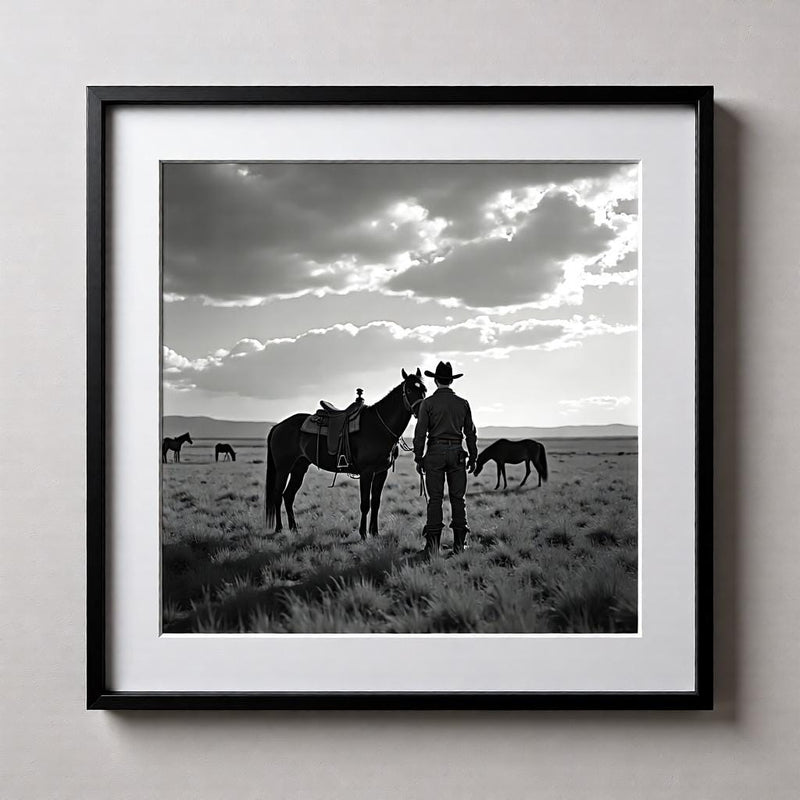 Load image into Gallery viewer, Ranch Wall Art Printable, Black White Horse Photography, Western Cowboy Decor A4 Download
