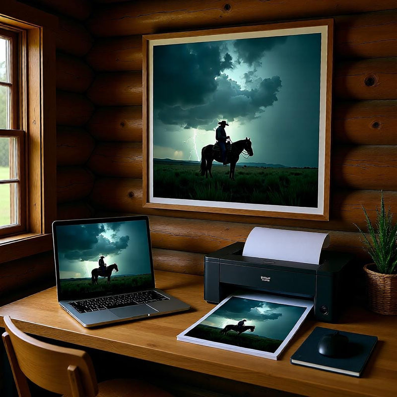 Load image into Gallery viewer, Rustic Ranch Decor Printable, Cowboy Lightning Storm Horse Print, Western Cabin Wall Art A4
