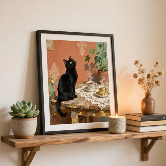 Black Cat Coffee Art Printable: Vintage Cozy Kitchen Decor (Digital Download)
