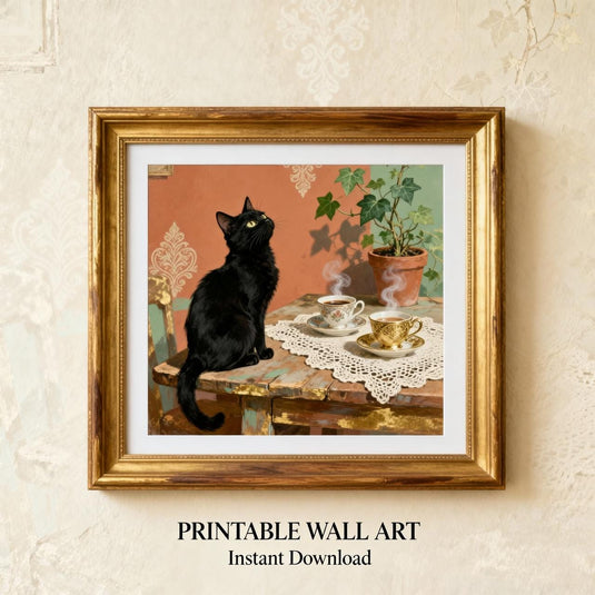 Black Cat Coffee Art Printable: Vintage Cozy Kitchen Decor (Digital Download)