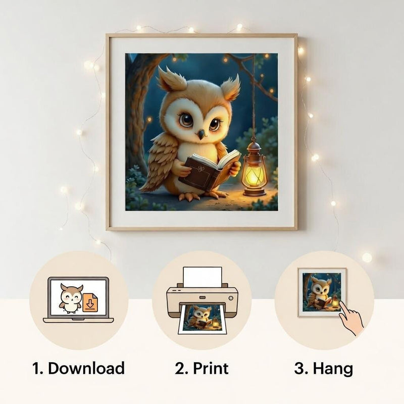 Load image into Gallery viewer, Reading Owl Poster Printable, Woodland Nursery Animal Decor Kids Room A4 Download
