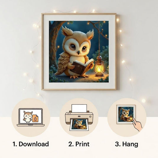 Reading Owl Poster Printable, Woodland Nursery Animal Decor Kids Room A4 Download