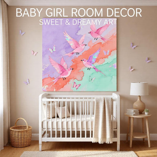 Pink Birds Wall Art Pastel Butterfly Nursery Decor Watercolor Bird Printable Download