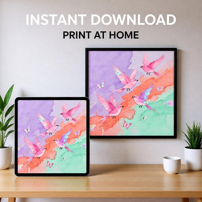 Load image into Gallery viewer, Pink Birds Wall Art Pastel Butterfly Nursery Decor Watercolor Bird Printable Download
