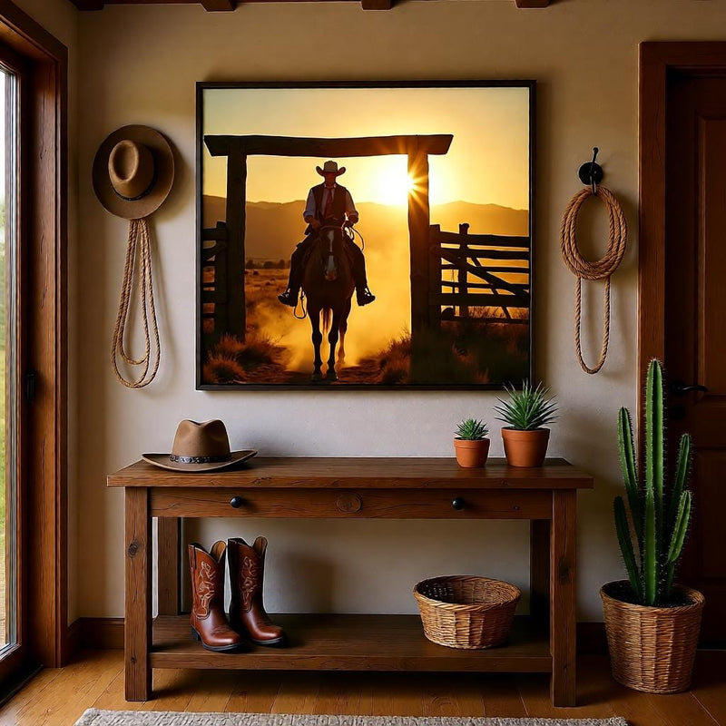 Load image into Gallery viewer, Western Ranch Art Printable, Cowboy Rider Sunset Poster, Horse Landscape Decor A4 Download
