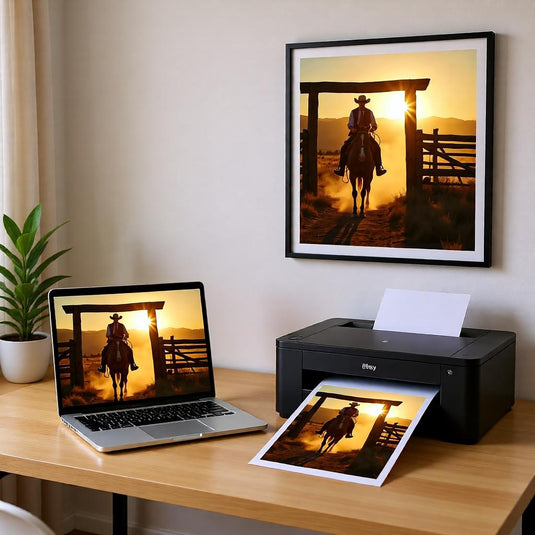 Western Ranch Art Printable, Cowboy Rider Sunset Poster, Horse Landscape Decor A4 Download
