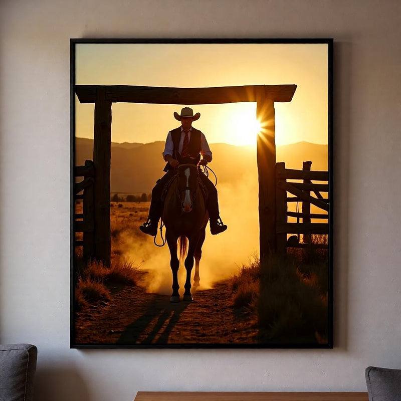 Load image into Gallery viewer, Western Ranch Art Printable, Cowboy Rider Sunset Poster, Horse Landscape Decor A4 Download
