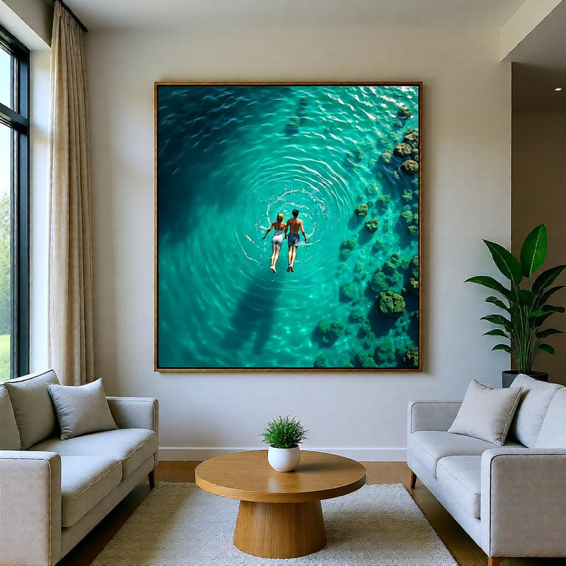 Load image into Gallery viewer, Ocean Swimmer Art Printable, Emerald Coastal Couple Poster Modern Abstract Decor A4 Download
