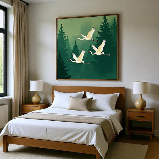 Crane Wall Art Printable, Japandi Forest Birds Poster Zen Decor Scandinavian Style A4 Download