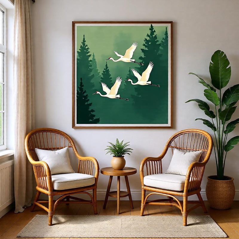 Load image into Gallery viewer, Crane Wall Art Printable, Japandi Forest Birds Poster Zen Decor Scandinavian Style A4 Download
