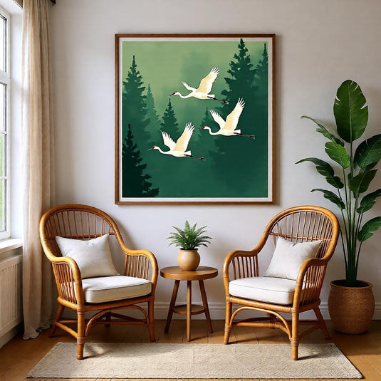Crane Wall Art Printable, Japandi Forest Birds Poster Zen Decor Scandinavian Style A4 Download