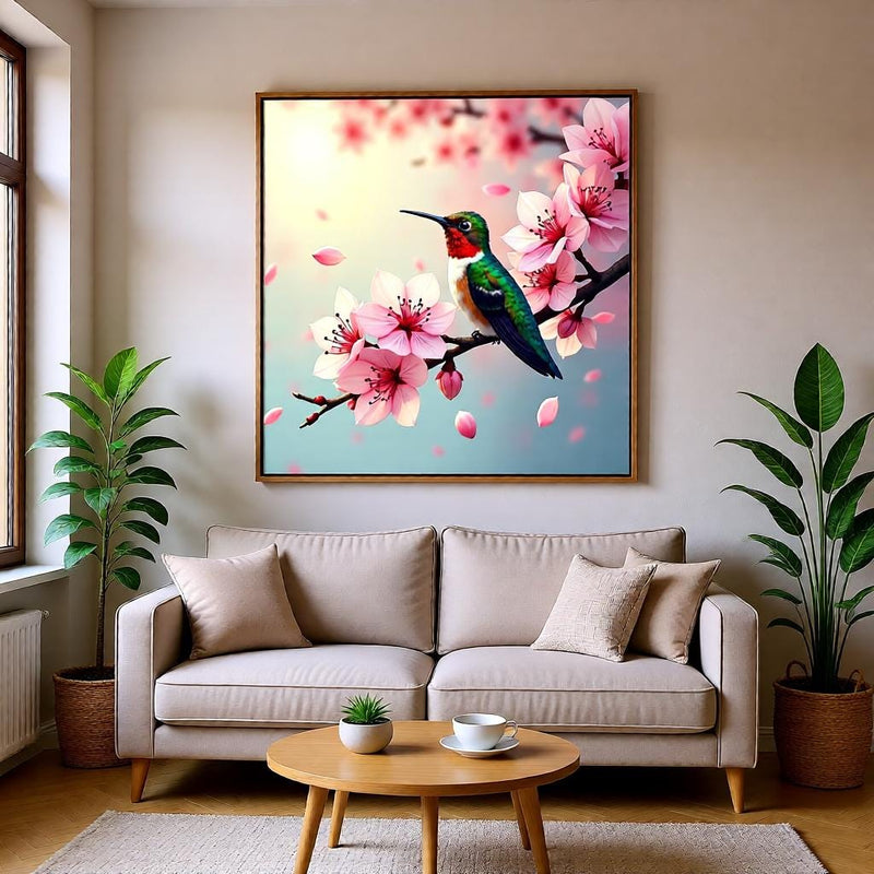 Load image into Gallery viewer, Hummingbird Wall Art Printable, Cherry Blossom Bird Painting Floral Botanical Decor A4 Download
