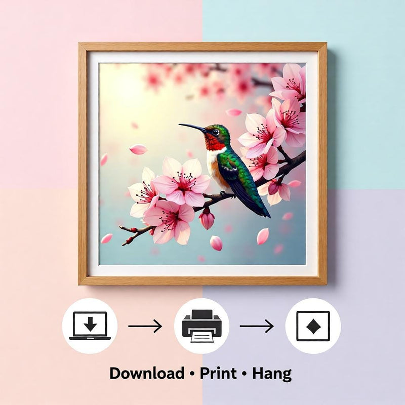Load image into Gallery viewer, Hummingbird Wall Art Printable, Cherry Blossom Bird Painting Floral Botanical Decor A4 Download
