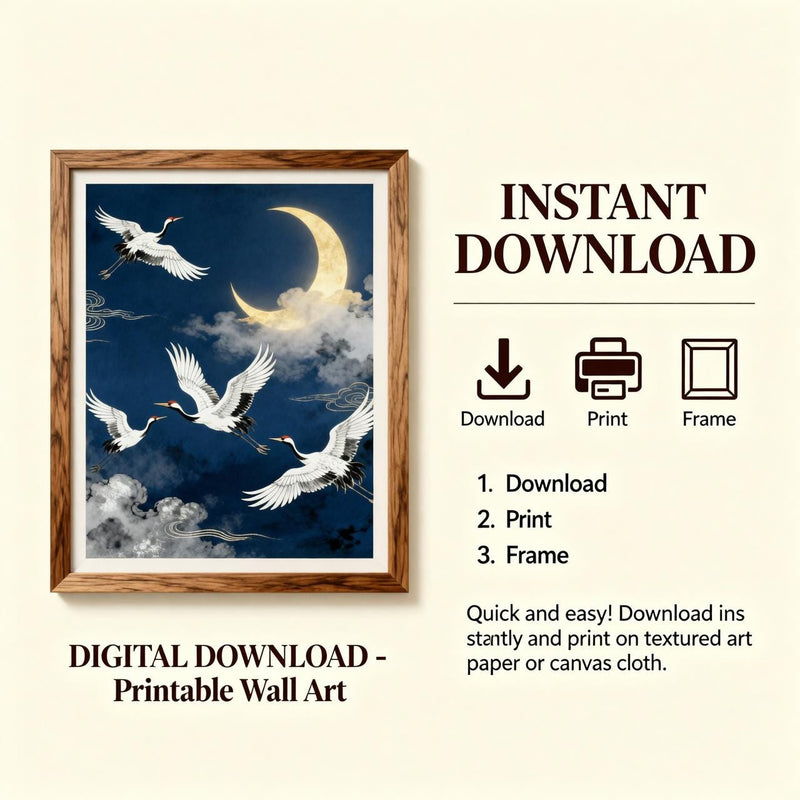 Load image into Gallery viewer, Japanese Crane Art Moon Night Sky Print Flying Birds Oriental Decor Matte Download
