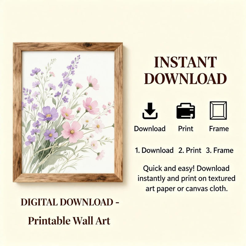 Load image into Gallery viewer, Wildflower Wall Art Botanical Print Pink Purple Flowers Soft Floral Painting Matte Download
