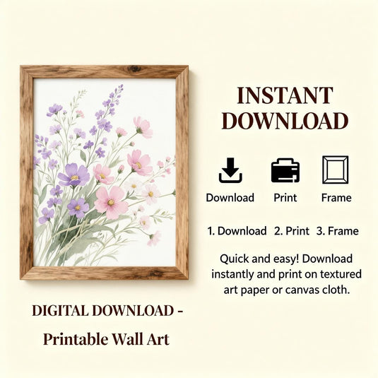 Wildflower Wall Art Botanical Print Pink Purple Flowers Soft Floral Painting Matte Download
