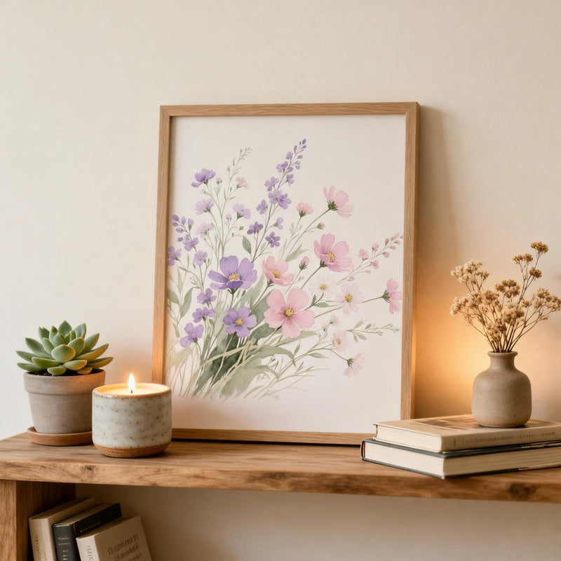 Load image into Gallery viewer, Wildflower Wall Art Botanical Print Pink Purple Flowers Soft Floral Painting Matte Download
