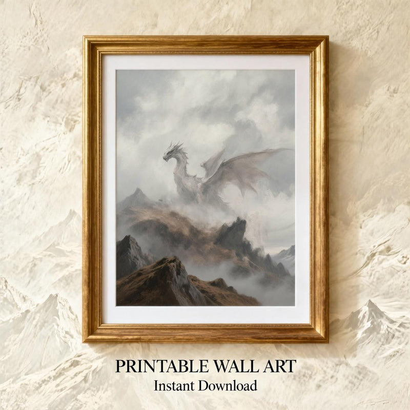 Load image into Gallery viewer, Fantasy Dragon Art Printable Misty Mountain Landscape Medieval DnD Gamer Room Poster Download
