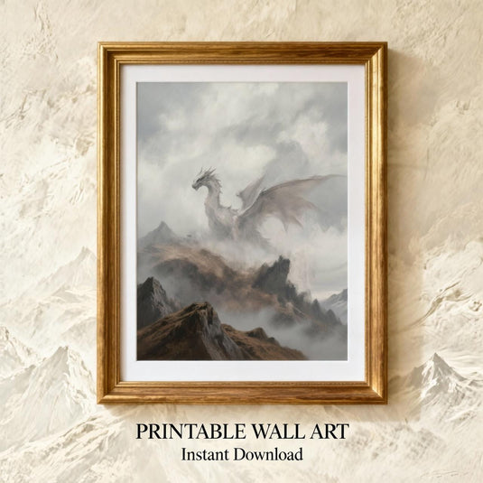 Fantasy Dragon Art Printable Misty Mountain Landscape Medieval DnD Gamer Room Poster Download