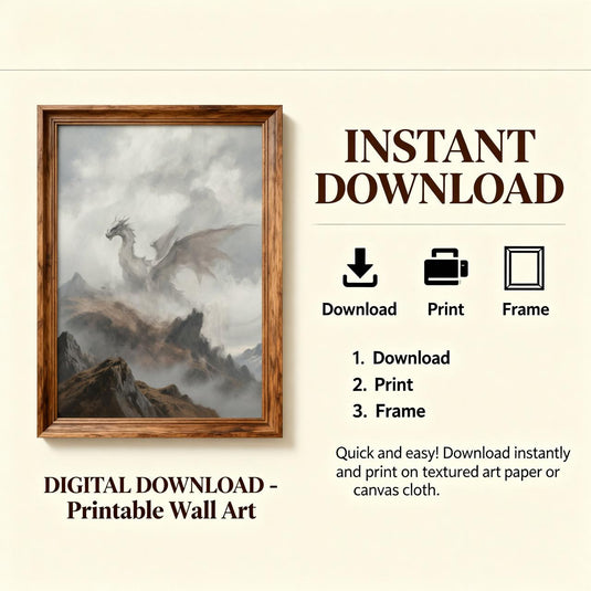Fantasy Dragon Art Printable Misty Mountain Landscape Medieval DnD Gamer Room Poster Download
