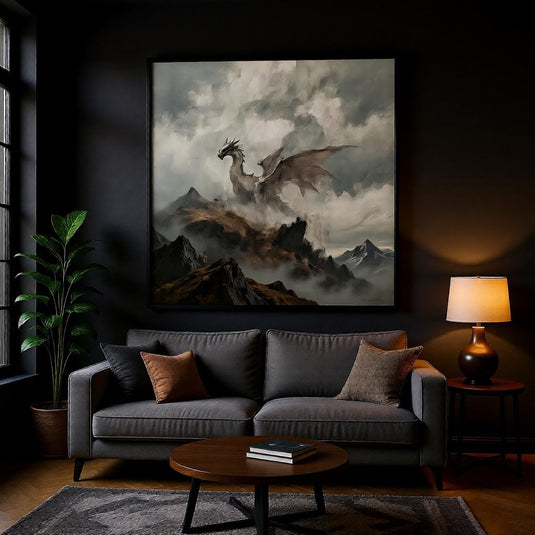 Fantasy Dragon Art Printable Misty Mountain Landscape Medieval DnD Gamer Room Poster Download