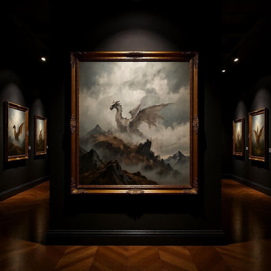 Fantasy Dragon Art Printable Misty Mountain Landscape Medieval DnD Gamer Room Poster Download