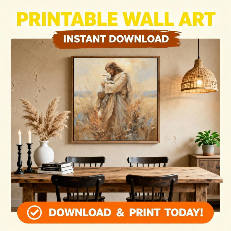 Load image into Gallery viewer, Good Shepherd Jesus Holding Lamb Wall Art Printable Warm Painterly Christian Decor Download
