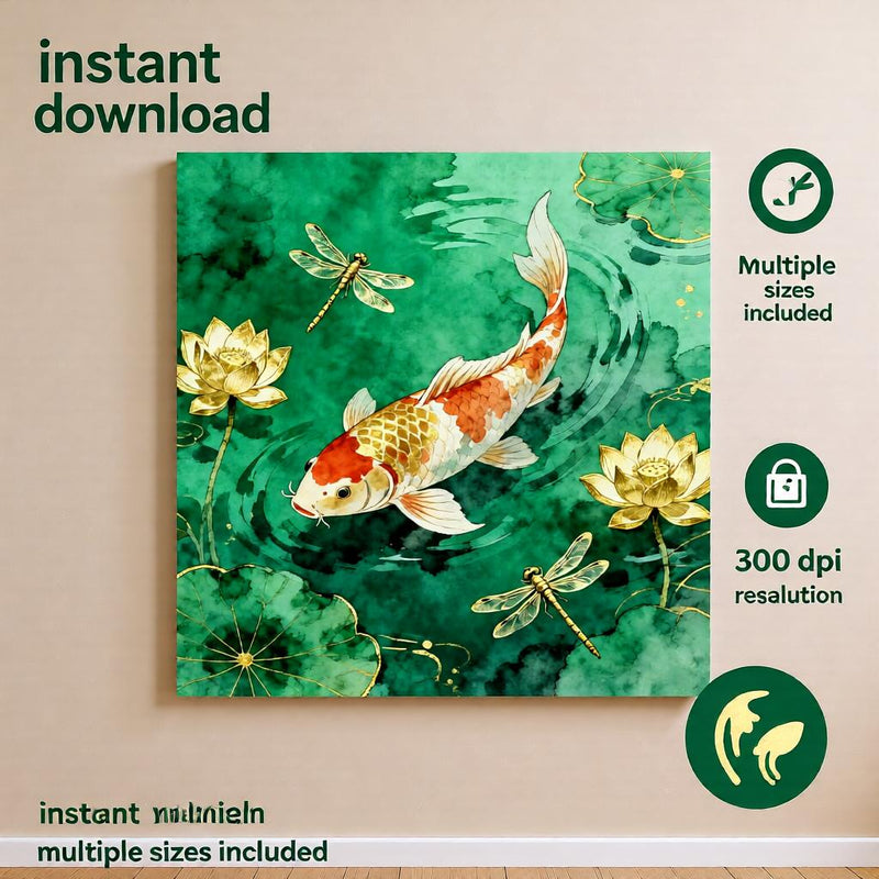 Load image into Gallery viewer, Koi Fish Wall Art, Japanese Zen Pond Decor, Lotus Dragonfly Printable (Digital Download)
