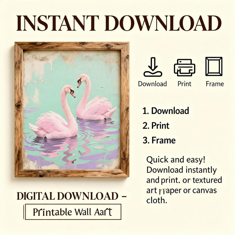 Load image into Gallery viewer, Pink Swan Wall Art Romantic Bird Couple Print Vintage Pastel Nursery Matte Download
