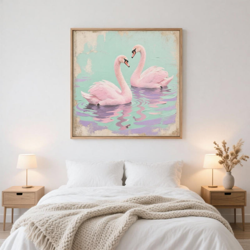 Load image into Gallery viewer, Pink Swan Wall Art Romantic Bird Couple Print Vintage Pastel Nursery Matte Download
