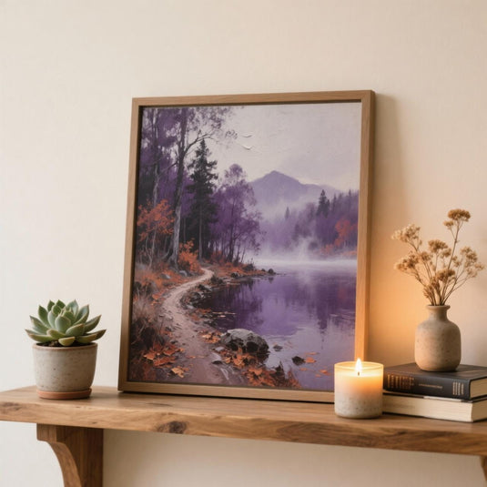 Purple Forest Lake Print Misty Autumn Landscape Moody Nature Wall Decor Printable Download