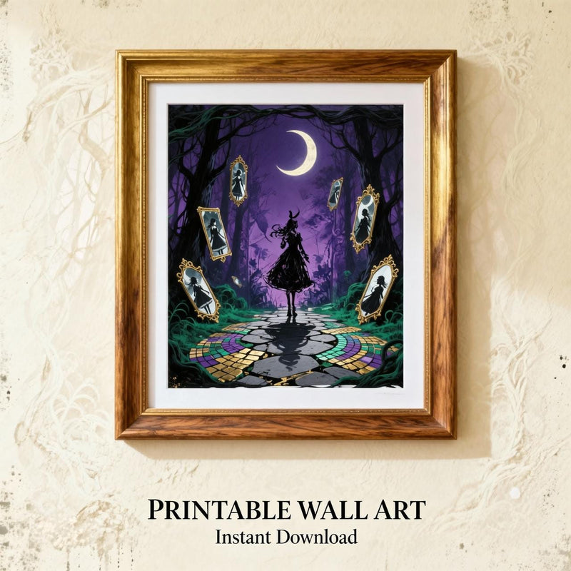 Load image into Gallery viewer, Gothic witch decor mockup featuring a framed purple moon forest art.
