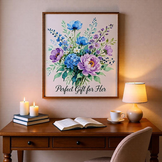 Birth Flower Bouquet Printable Wall Art, Blue Purple Watercolor Floral Decor (Digital Download)
