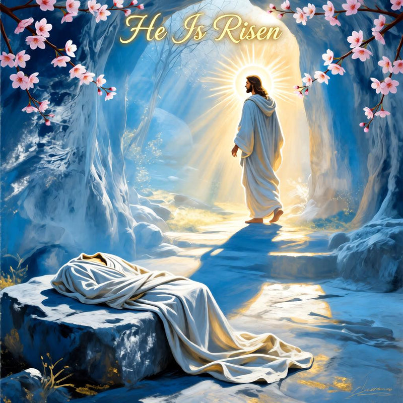 Load image into Gallery viewer, Biblical wall art of Jesus Resurrection with a glowing empty tomb, cherry blossoms, and gold text reading He Is Risen.
