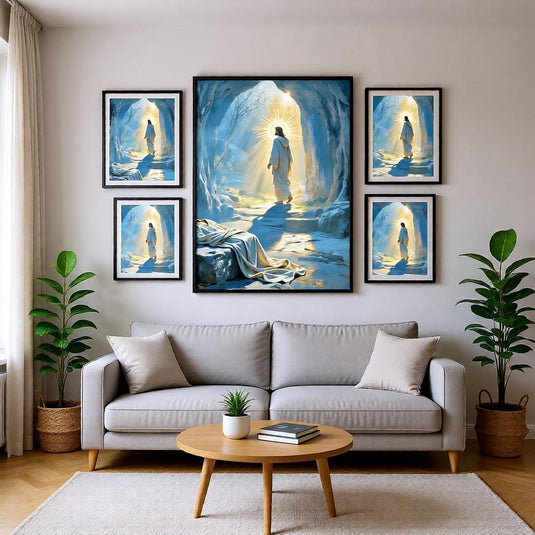 Christian home decor mockup featuring framed Empty Tomb Jesus Resurrection art prints on a gallery wall over a living room sofa.